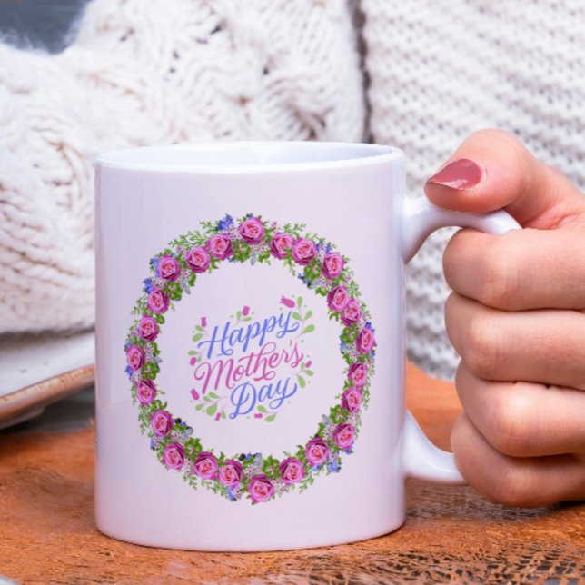 Happy Mothers Day Pink Floral Wreath Coffee Mug (Creator Uploaded)