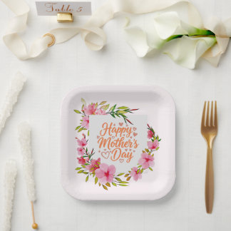 Happy Mother's Day Pink Floral Wreath Paper Plate