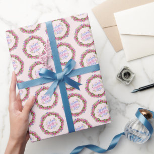 Happy Mothers Day Pink Floral Wreath Wrapping Paper