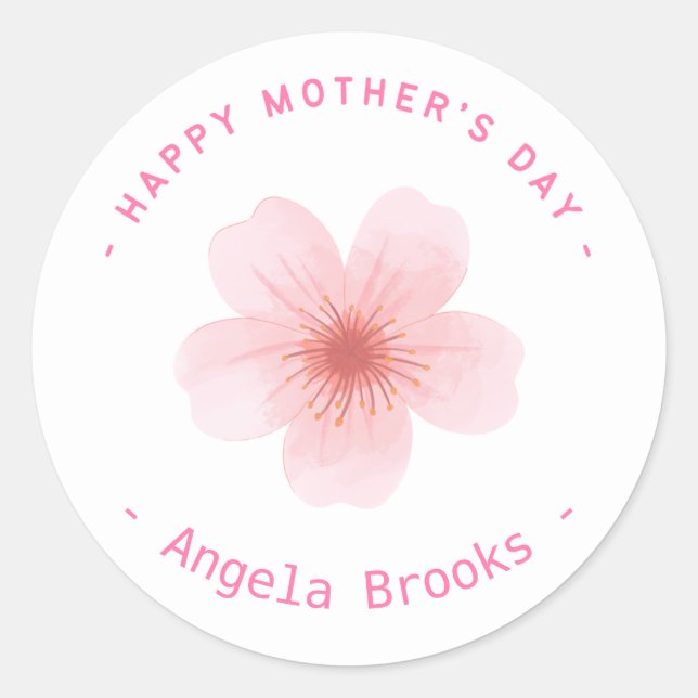 Happy Mother's day pink flower white Classic Round Sticker (Front)