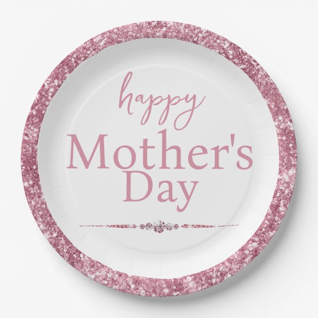 Happy Mother's Day Pink Glitter and Diamonds Paper Plate (Front)
