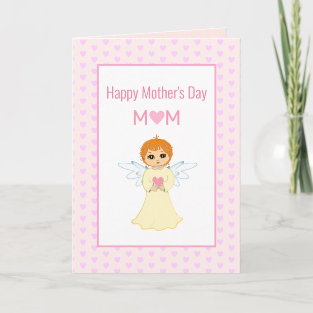 Happy Mother's Day, Pink Hearts & Angel Card (Front)