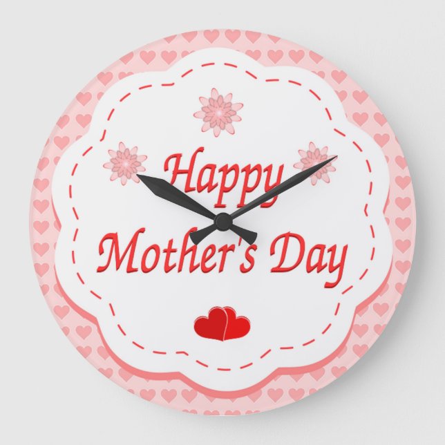 "HAPPY MOTHER'S DAY " PINK HEARTS LARGE CLOCK (Front)