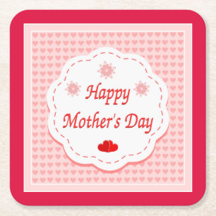 "HAPPY MOTHER'S DAY " PINK HEARTS SQUARE PAPER COASTER