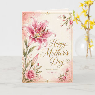 Happy Mother's Day Pink Lily Floral Watercolor Card