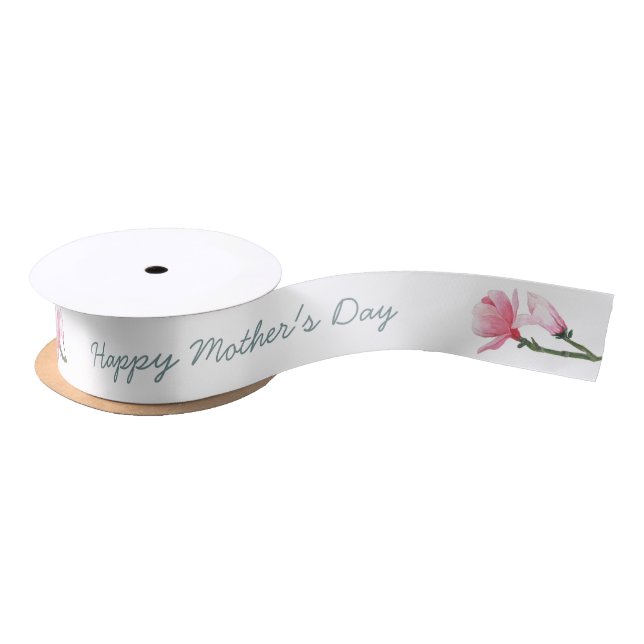Happy Mothers Day - Pink Magnolia Flowers on White Satin Ribbon (Spool)