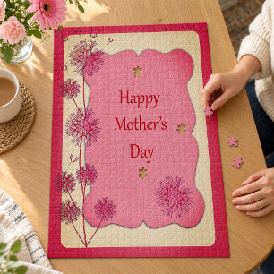 Happy Mother's Day Pink Trim and Dandelion Seeds Jigsaw Puzzle