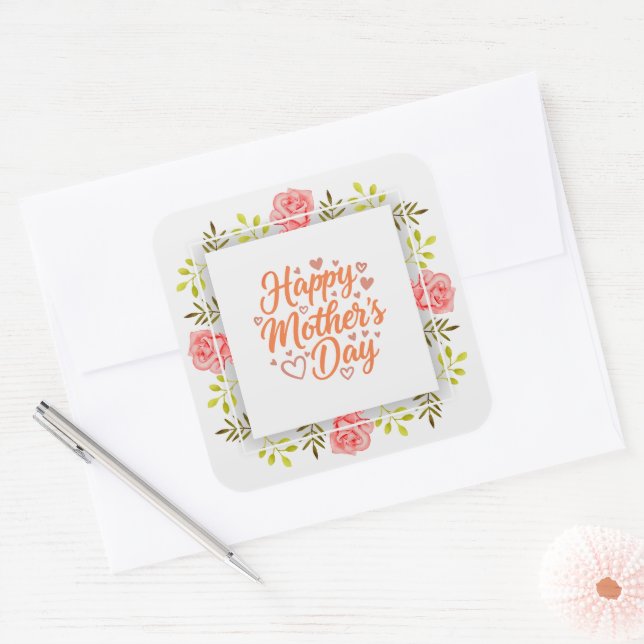 Happy Mother's Day' Pink Watercolor Flower Square Sticker (Envelope)