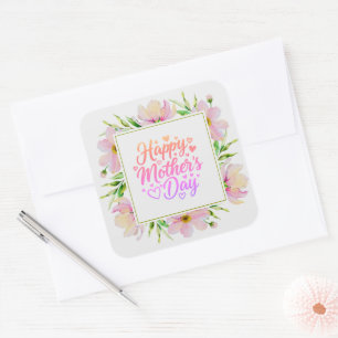 Happy Mother's Day' Pink Watercolor Flower Square Sticker