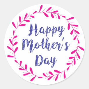 Happy Mother's Day, Pink Wreath - Glossy, Sm., Classic Round Sticker