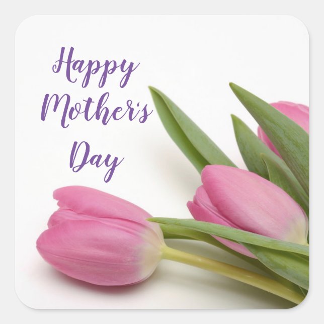 Happy Mother's Day Purple Script Pink Tulips Square Sticker (Front)