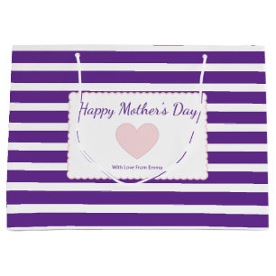Happy Mother's Day Purple White Stripes Pink Heart Large Gift Bag