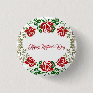 Happy Mothers Day Red Rose Floral Greenery Motto 3 Cm Round Badge