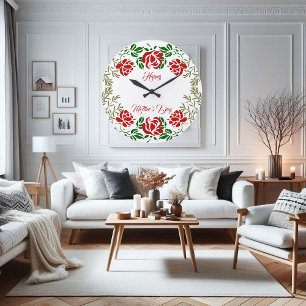  Happy Mothers Day Red Rose Floral Greenery Wall  Large Clock