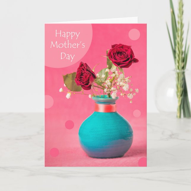 Happy Mother's Day Red Roses in Blue Vase on Pink  Holiday Card (Front)