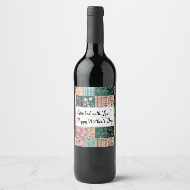 Happy Mother's Day - Retro Cute Quilt Pattern Wine Label (Front)