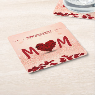 Happy Mother's Day Rose Heart Bouquet Square Paper Coaster