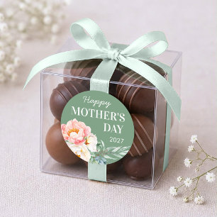 Happy Mother's Day Round Sticker With Poeny Flower