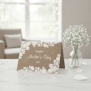 Happy Mother's Day Rustic Burlap & White Lace Card