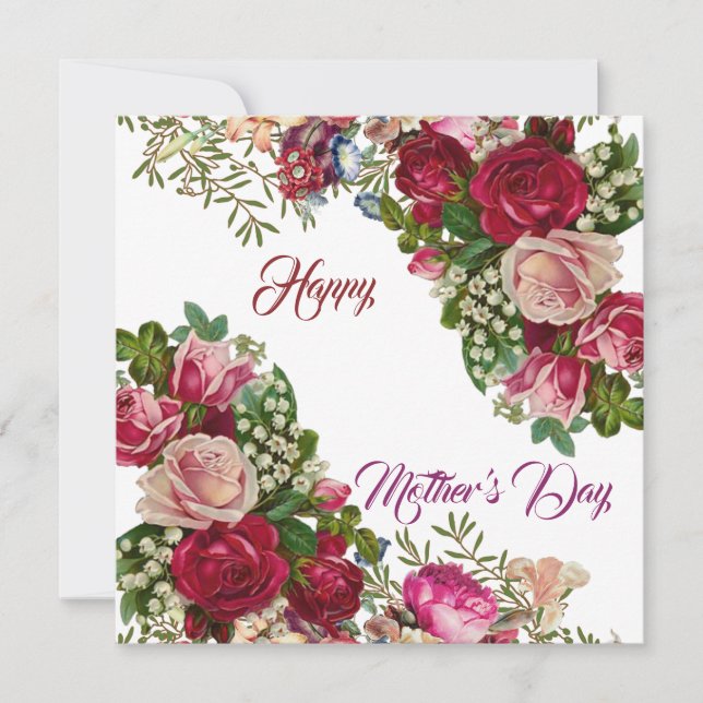 Happy Mothers Day Rustic Rose Floral Green Foliage Holiday Card (Front)