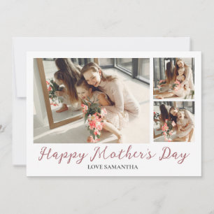 Happy Mothers Day Simple Modern Script 3 Photo Holiday Card