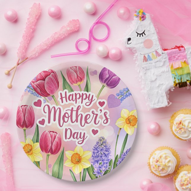 Happy Mother's Day, spring flowers, Paper Plate (Party)