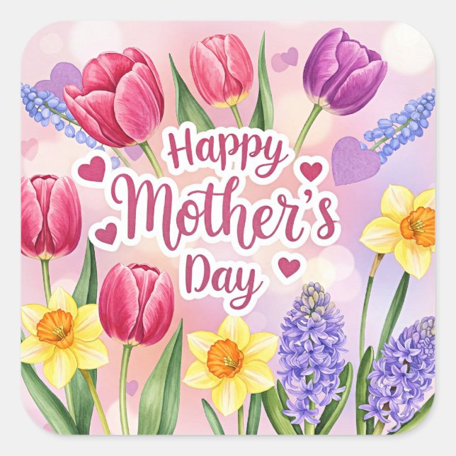 Happy Mother's Day, spring flowers, Square Sticker (Front)