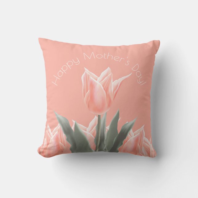 Happy Mother's Day! Stylish Peach Tulips Flowers Cushion (Front)