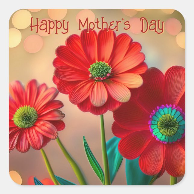 Happy Mother's Day Three Red Daisies Custom Text Square Sticker (Front)