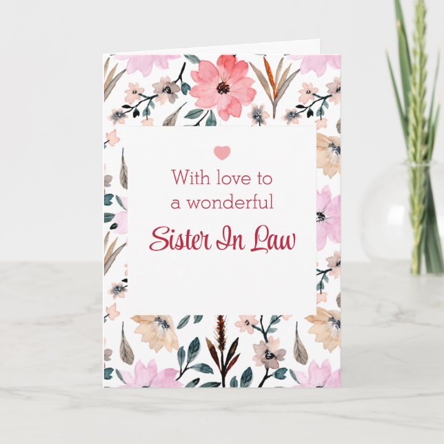 Happy Mothers Day To Sister in Law Watercolor Card (Front)