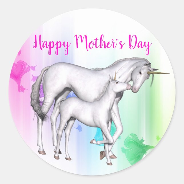 Happy Mother's Day | Unicorn with her Baby Classic Round Sticker (Front)