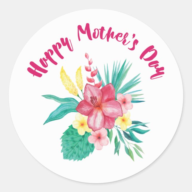 Happy Mother's Day W/Sprig- Glossy, Lg., Classic Round Sticker (Front)