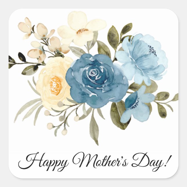happy mothers day watercolor blue flowers elegant square sticker (Front)