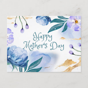 Happy Mother's Day Watercolor Blue, Purple Flowers Postcard
