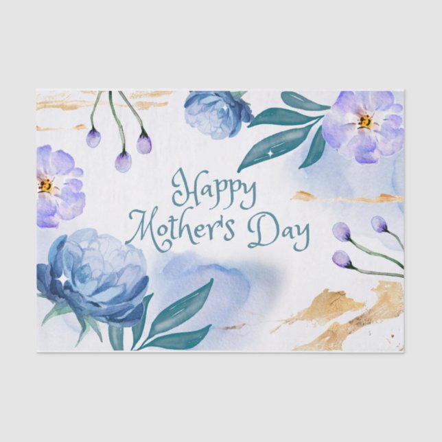 Happy Mother's Day Watercolor Blue, Purple Flowers Tissue Paper (Front)