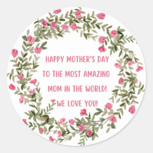happy mothers day watercolor floral pink green classic round sticker