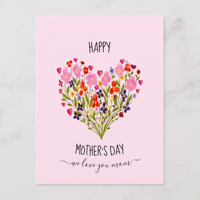 "Happy Mother's Day" Watercolor Flower Heart   Postcard (Front)