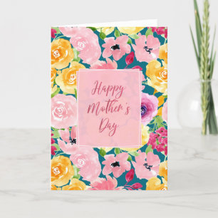 Happy Mothers Day Watercolor Pink and Yellow Flowe Holiday Card