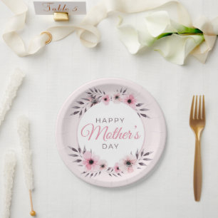 Happy Mother's Day Watercolor Pink Floral Flowers Paper Plate