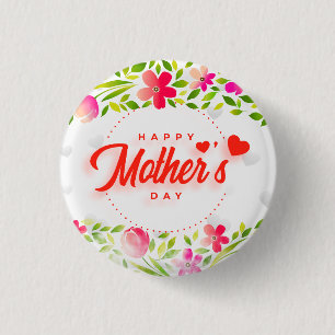 Happy Mother's Day Watercolor Pink Floral & Hearts 3 Cm Round Badge