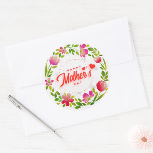 Happy Mother's Day Watercolor Pink Floral & Hearts Classic Round Sticker