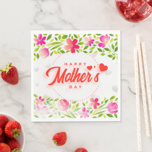 Happy Mother's Day Watercolor Pink Floral & Hearts Napkin