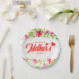 Happy Mother's Day Watercolor Pink Floral & Hearts Paper Plate