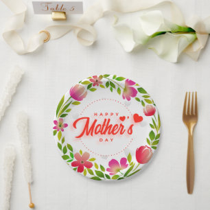 Happy Mother's Day Watercolor Pink Floral & Hearts Paper Plate