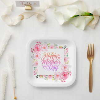 Happy Mother's Day Watercolor Pink Floral Paper Plate