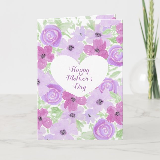 Happy Mother's Day Watercolor Purple Floral  Card (Front)