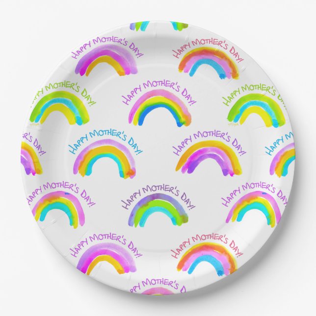 Happy Mother's Day Watercolor Rainbow Pattern Paper Plate (Front)