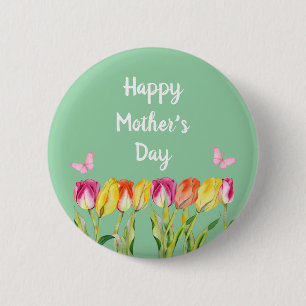Happy Mother's Day watercolor Tulips butterflies 6 Cm Round Badge