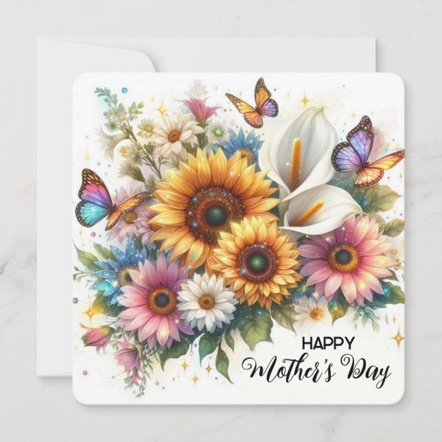 Happy Mothers Day with Flowers and Butterflies Holiday Card (Front)