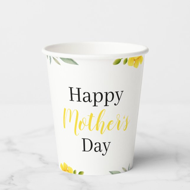 Happy Mother's Day Yellow Floral and Leaves Party  Paper Cups (Back)